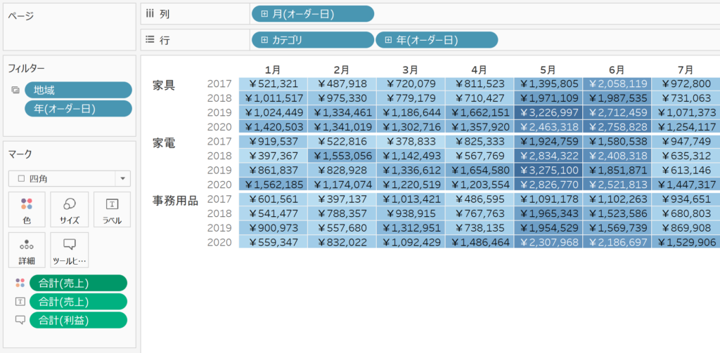 Tableau(11)】マーク「四角」を使用してハイライト表を作成する方法